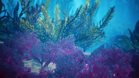 An enchanting underwater scene reveals a colorful array of marine plants swaying gently with the current. The vivid hues and textures create a serene atmosphere, inviting exploration and wonder.の写真素材