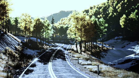 A tranquil road meanders through a vibrant landscape filled with colorful autumn foliage.