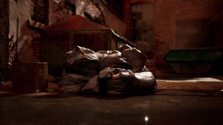 In a narrow alleyway, black trash bags are piled high near a rusted dumpster, while a few cardboard boxes lay scattered on the wet pavement, creating a gritty urban environment at twilight.の写真素材
