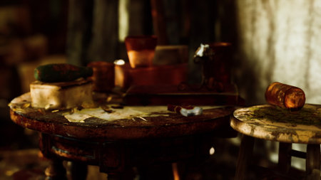 An old, weathered wooden table sits in a dimly lit room, scattered with aged tools, faded papers, and glass containers, evoking a sense of nostalgia and creativity.の写真素材