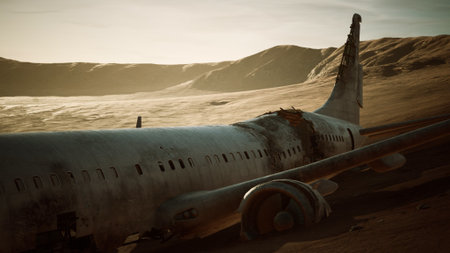 A vast barren landscape stretches under a warm golden sky, showcasing a weathered airplane wreck....