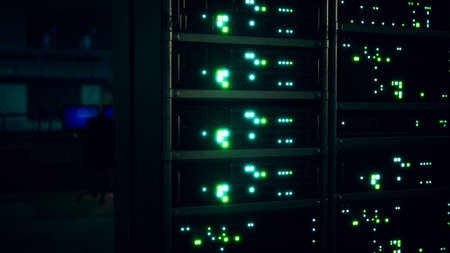 In a dimly lit data center, vibrant green lights blink from advanced server racks. The cool...