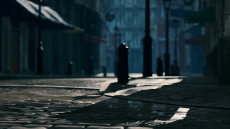 Along a deserted cobblestone street, early morning light dances upon wet stones, casting soft shadows and creating an inviting yet mysterious atmosphere in the heart of the city.の写真素材