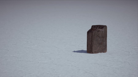 In an expansive desert terrain, a weathered canister stands solitary on a vast expanse of cracked...
