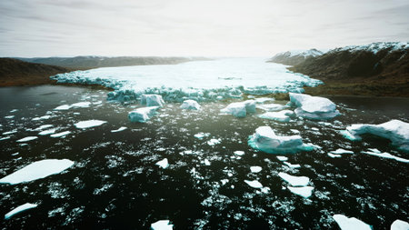 A breathtaking view of floating icebergs scattered across a tranquil glacial lake. The icy...