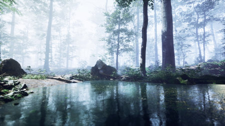 Amidst towering trees and gentle mist, a tranquil pond reflects the soft light of dawn. Nature awakens, creating a peaceful retreat for wandering spirits seeking solace.の写真素材