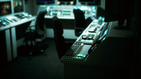 A dimly lit control room features intricate panels and glowing buttons, embodying a hub of activity and innovation where critical operations unfold behind the scenes.の写真素材