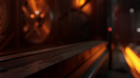 Warm light contrasts with dark metal surfaces in a vast industrial space. Fans hum in the background, adding to the ambiance of machinery and labor during late hours.の写真素材