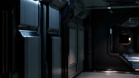 In this captivating futuristic setting, a sleek corridor is bathed in soft blue and gray lights. The walls feature an advanced design with metallic textures, evoking a sense of space exploration.の写真素材