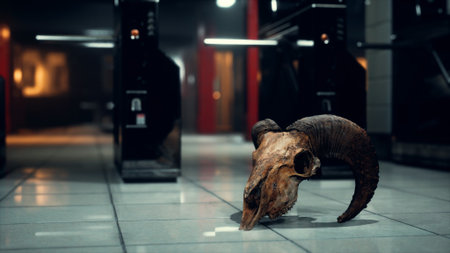 A ram skull rests on a polished tile floor, surrounded by sleek laundromat machines. The dimly lit environment casts an unsettling ambiance, creating a surreal contrast to the mundane setting.の写真素材