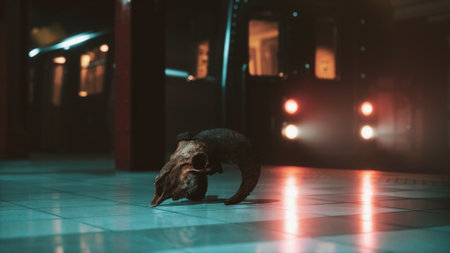 Dark and atmospheric, a ram skull rests on the tiled floor of a dimly lit subway station as a train approaches, creating an eerily haunting contrast against the urban backdrop.の写真素材
