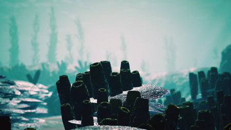 Beneath the azure waters, unique coral structures rise from the sandy seabed, surrounded by...