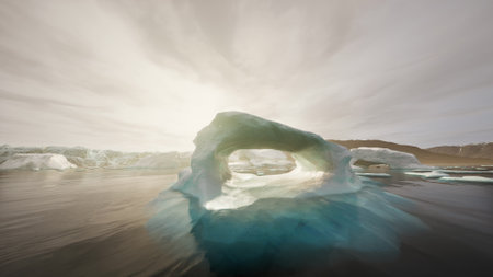A majestic ice arch stands proudly in serene waters as the sun begins to rise. The soft glow of dawn highlights the intricate details of the ice, creating a magical atmosphere.の写真素材