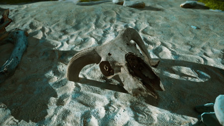 A weathered bison skull lies on the sandy ground, partially surrounded by rocks and dried plant life. Sunlight casts gentle shadows, highlighting the texture of the skull and soil.の写真素材