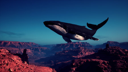 A massive whale glides gracefully in a vivid sunset sky, casting a shadow over rocky canyon formations. The stunning colors create a surreal and dreamlike scene that captivates the viewer.の写真素材