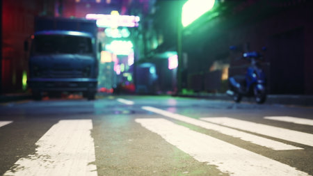 A deserted city street comes alive with colorful neon lights reflecting off wet pavement. A lonely truck stands nearby, while a parked scooter completes the urban scene at night.の写真素材