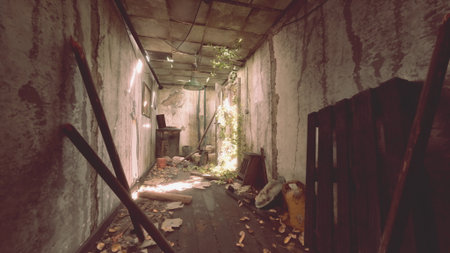 A once bustling hallway now stands quiet and forgotten, with nature creeping through cracks. Light filters in, illuminating the scattered debris and foliage that tell a story of decay.の写真素材