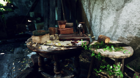 Dusty wooden table sits in an overgrown cabin, with scattered tools, antique boxes, and sunlight filtering through cracked walls, creating an atmosphere of quiet nostalgia and mystery.の写真素材
