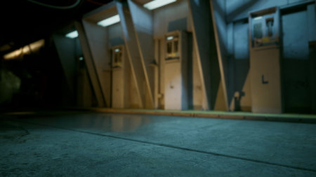 In a dimly lit corridor, vintage phone booths stand quietly, surrounded by an industrial atmosphere.の写真素材