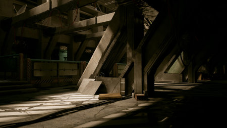In a vast industrial space, shadows stretch across concrete surfaces as muted light filters through....
