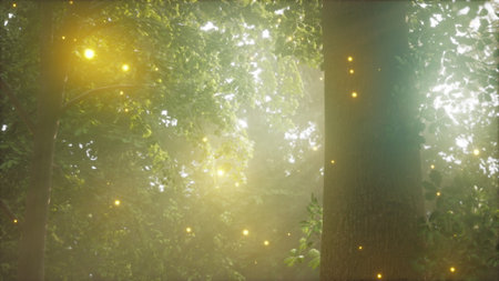 Soft sunlight penetrates the dense foliage of the forest, illuminating the air and creating a serene and enchanting atmosphere. Tiny specks of light dance amidst the greenery.の写真素材