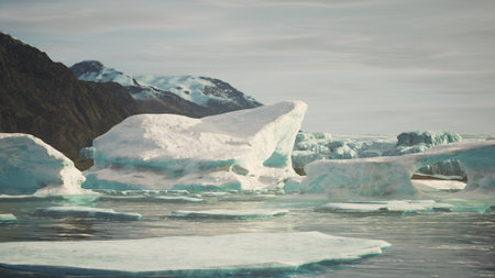 Large icebergs drift majestically in calm Arctic waters. The suns early light reflects off their icy...