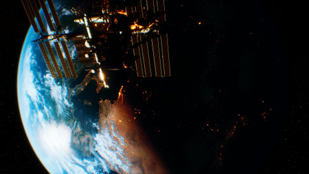 Seen from a distance, the International Space Station orbits Earth, showcasing vibrant landscapes...
