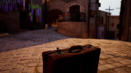 A vintage suitcase sits alone on a cobblestone street in a charming village. The soft glow of twilight casts an inviting atmosphere around ancient buildings and winding paths.の写真素材