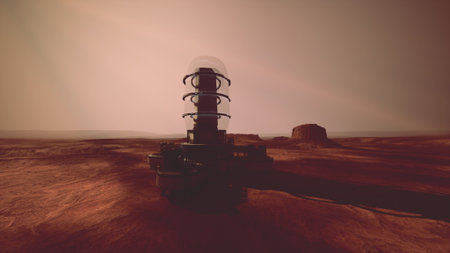 A rover stands ready on the dusty terrain of Mars, its structure reflecting the pale sunlight. The landscape showcases distant rocks under a hazy sky, setting the stage for exploration.の写真素材