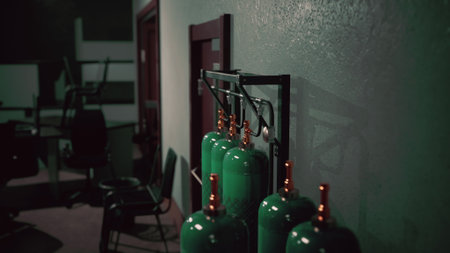 In a dimly lit room, a row of green gas cylinders stands against the wall. Chairs are scattered nearby, suggesting an area for workers to gather before or after tasks.の写真素材