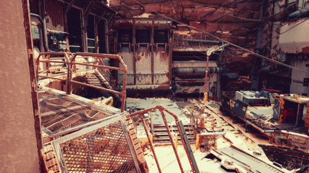 An eerie space reveals catwalks and rusted machinery, remnants of industrial life. Shadows create a haunting atmosphere as sunlight filters through the cracks, hinting at a forgotten past.の写真素材
