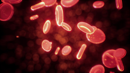 Red blood cells float in a dark, vibrant space, illuminated with a glowing effect. The visual illustrates their movement, showcasing their importance in the human body.の写真素材