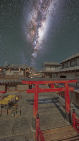 A stunning view unfolds at night as a red torii gate stands tall in a traditional Japanese town. The milky way sparkles above, illuminating wooden structures and inviting rooftops.の写真素材