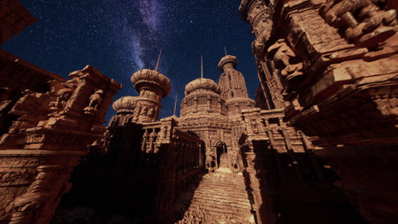 An ancient temple stands tall against the starry night sky.の写真素材
