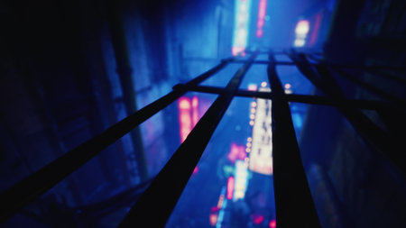 In a dark alleyway, the view shows iron bars framing a vibrant display of neon lights. The atmosphere is electric, with hints of life and energy in the bustling city outside.の写真素材