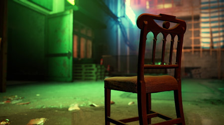 In a dimly lit alley, an old wooden chair sits alone, surrounded by scattered debris. Neon lights cast vibrant colors on the walls and ground, creating a unique atmosphere.の写真素材