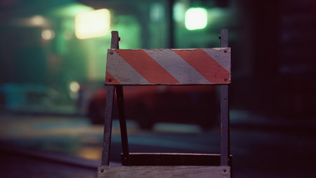 A construction barrier stands in an urban setting, illuminated by colorful neon lights from nearby buildings. The atmosphere is moody and hints at the late night city life.の写真素材