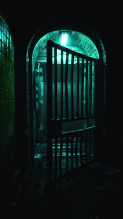 A dimly lit corridor features a rusty grill gate half open, revealing a glowing green light beyond. The atmosphere is eerie and invites curiosity about what lies ahead.の写真素材