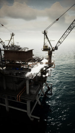 An offshore oil rig rises majestically above the calm ocean, surrounded by soft clouds in the sky. Cranes extend from the structure, ready for tasks on the waters surface.の写真素材