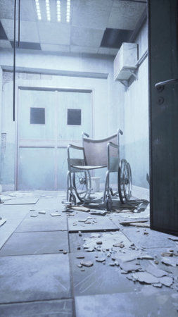 A cold, dimly lit corridor of an old hospital shows a forgotten wheelchair surrounded by debris. Dust hangs in the air, creating an eerie feeling of abandonment and neglect.の写真素材