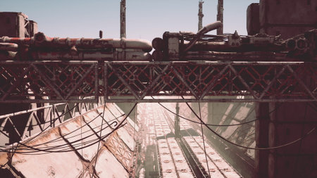 Rusting machinery and crumbling structures loom in the warm light of dusk. Dust dances in the air as shadows cover the once busy paths of this forgotten industrial area.の写真素材