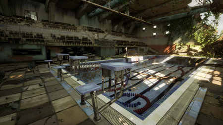 Sunlight streams through broken windows, illuminating a deserted swimming pool. Weeds creep along...