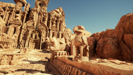 Majestic ruins stand in a vast desert, showcasing intricate stone carvings and statues. The golden...