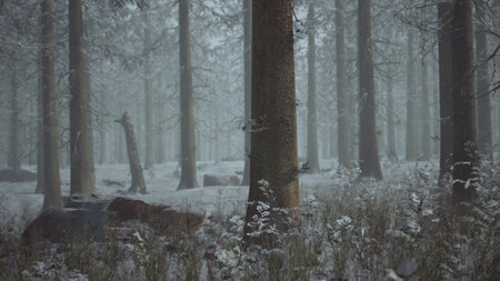 Snow blankets the ground as tall pine trees rise in the background. Ferns and wildflowers peek through the frost, creating a serene winter scene filled with tranquility.の写真素材