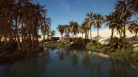 Lush palm trees surround a tranquil water body in a serene oasis, contrasting the golden sand dunes...