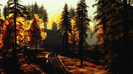 A serene forest scene features vibrant autumn foliage glowing in the sunlight. Railway tracks weave...