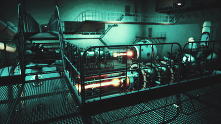 A vast industrial space is illuminated with an eerie blue green glow as vibrant machinery emits...
