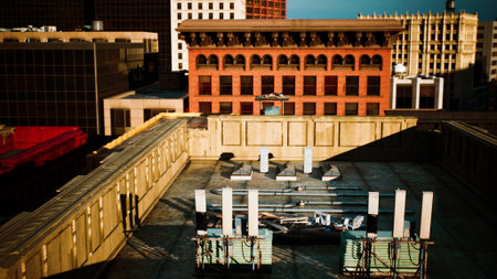 Rooftops glimmer under the warm light of sunset, showcasing a blend of modern and historic architecture. Distant buildings stand tall against a clear sky, creating an urban tapestry.の写真素材