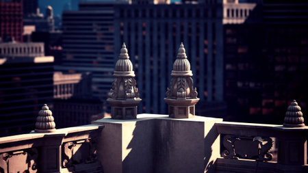 On a sunny day, ornate architectural features on a rooftop overlook a bustling city skyline. The buildings glisten under the sunlight, showcasing urban life and intricate design.の写真素材
