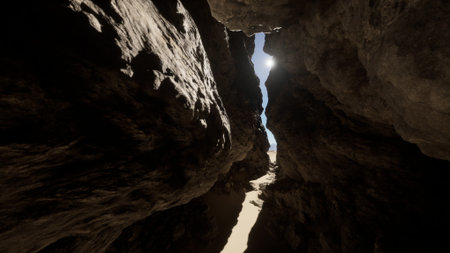 Bright sunlight streams through a narrow gap in towering rock formations. The sandy ground below...